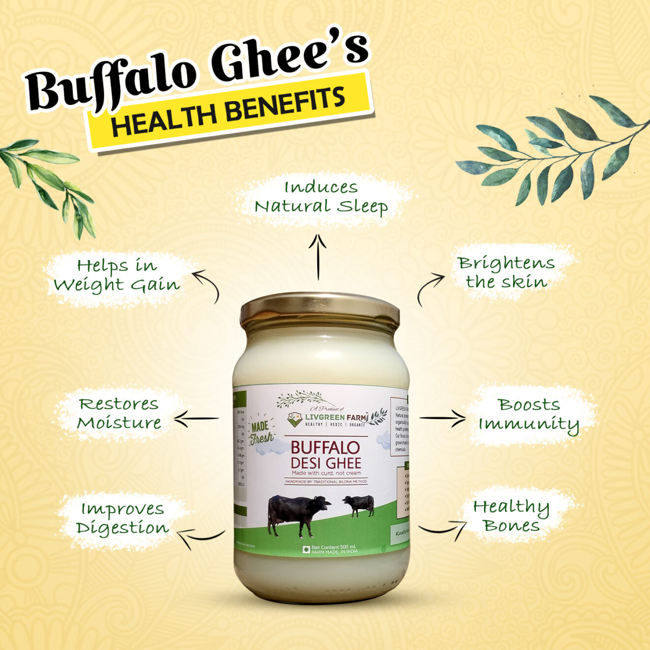 Buffalo Bilona Ghee 1000mL LivGreen Farm